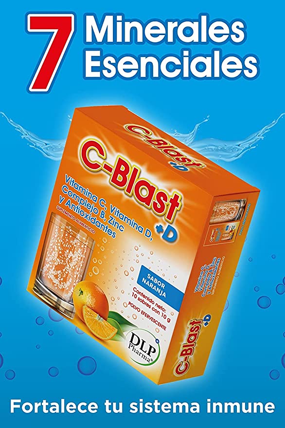 C-Blast+D, Vitamina C, Vitamina D, Complejo B, Zinc y Antioxidantes Polvo Efervescente Sabor Naranja (caja con 10 sobres)