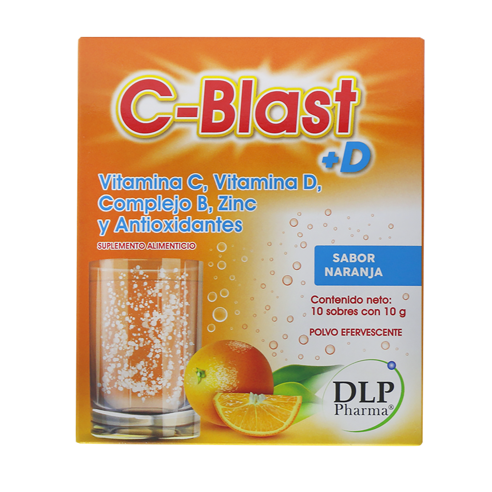 C-Blast+D, Vitamina C, Vitamina D, Complejo B, Zinc y Antioxidantes Polvo Efervescente Sabor Naranja (caja con 10 sobres)