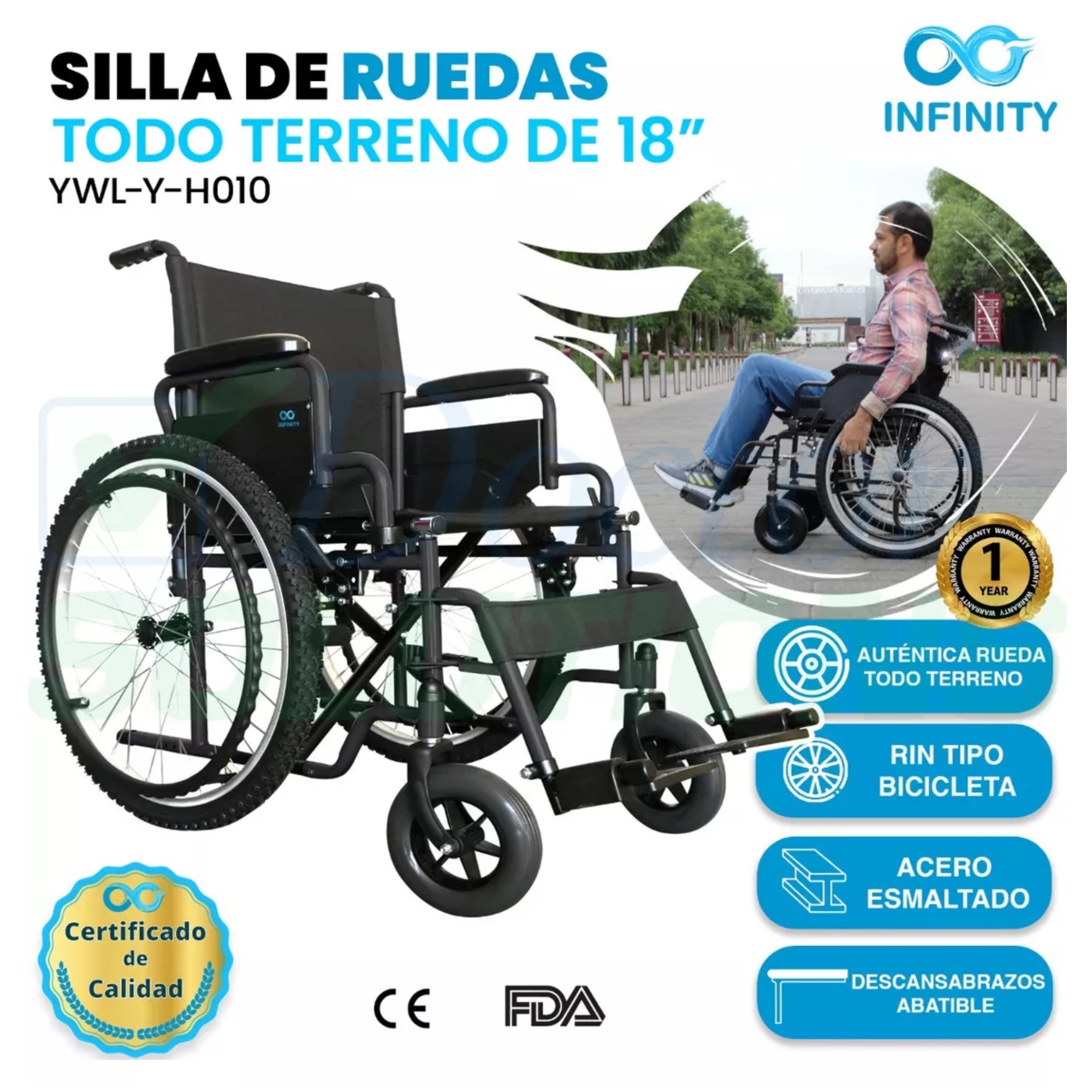 Silla De Ruedas De Lujo Todo Terreno Infinity Plegable 120kg Color Negro-Negro.