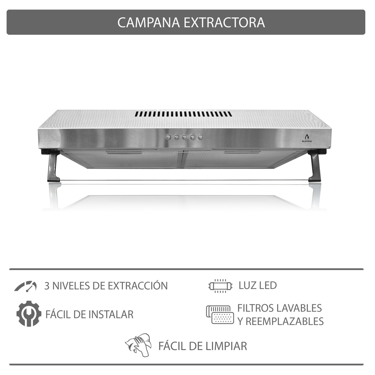 Combo SUPRA BERHOL campana NUBE A-50 y parrilla BERARDI de acero inoxidable.
