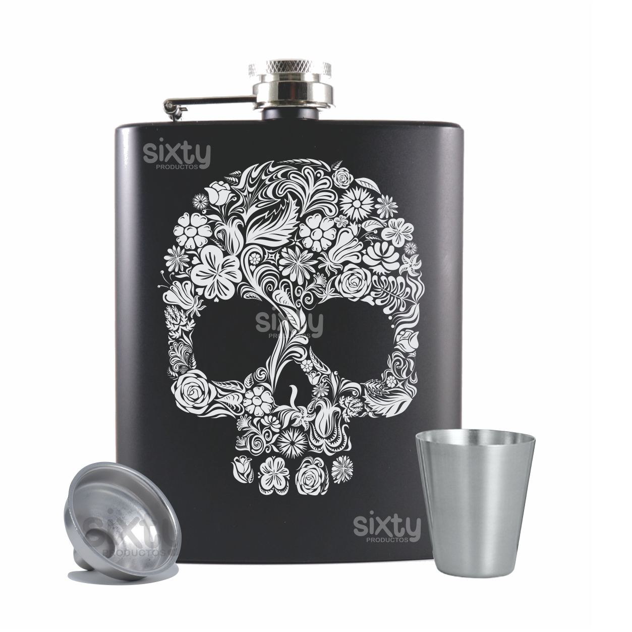 Licorera acero inoxidable capacidad 8oz (230ml) vaso shot y embudo incluido modelo Skull
