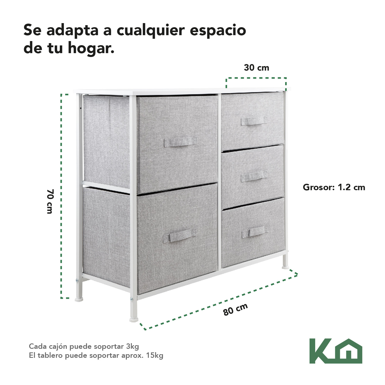 Comoda Cajonera 5 Cajones Mueble Organizador de Tela Madera Gris con Marco Blanco