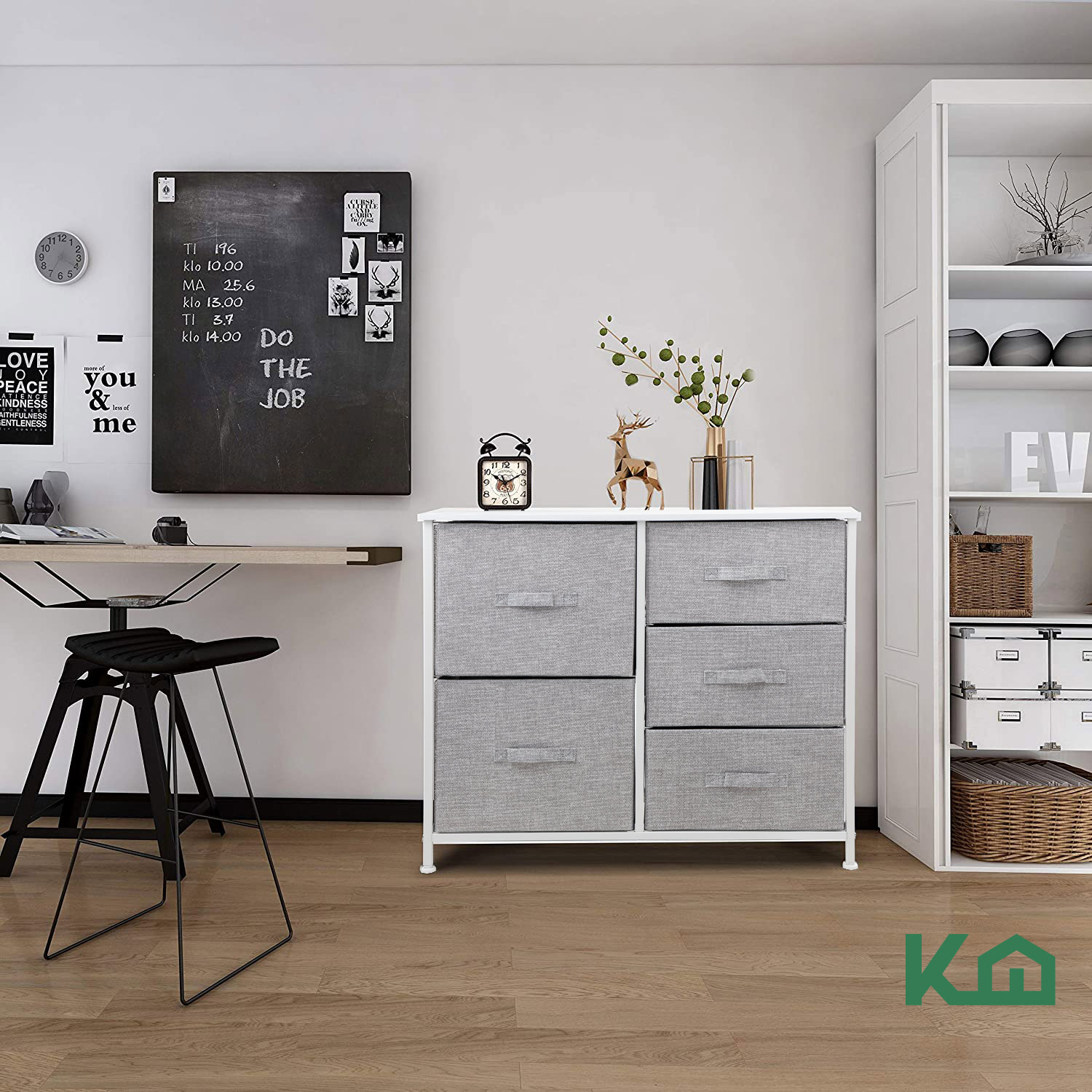 Comoda Cajonera 5 Cajones Mueble Organizador de Tela Madera Gris con Marco Blanco
