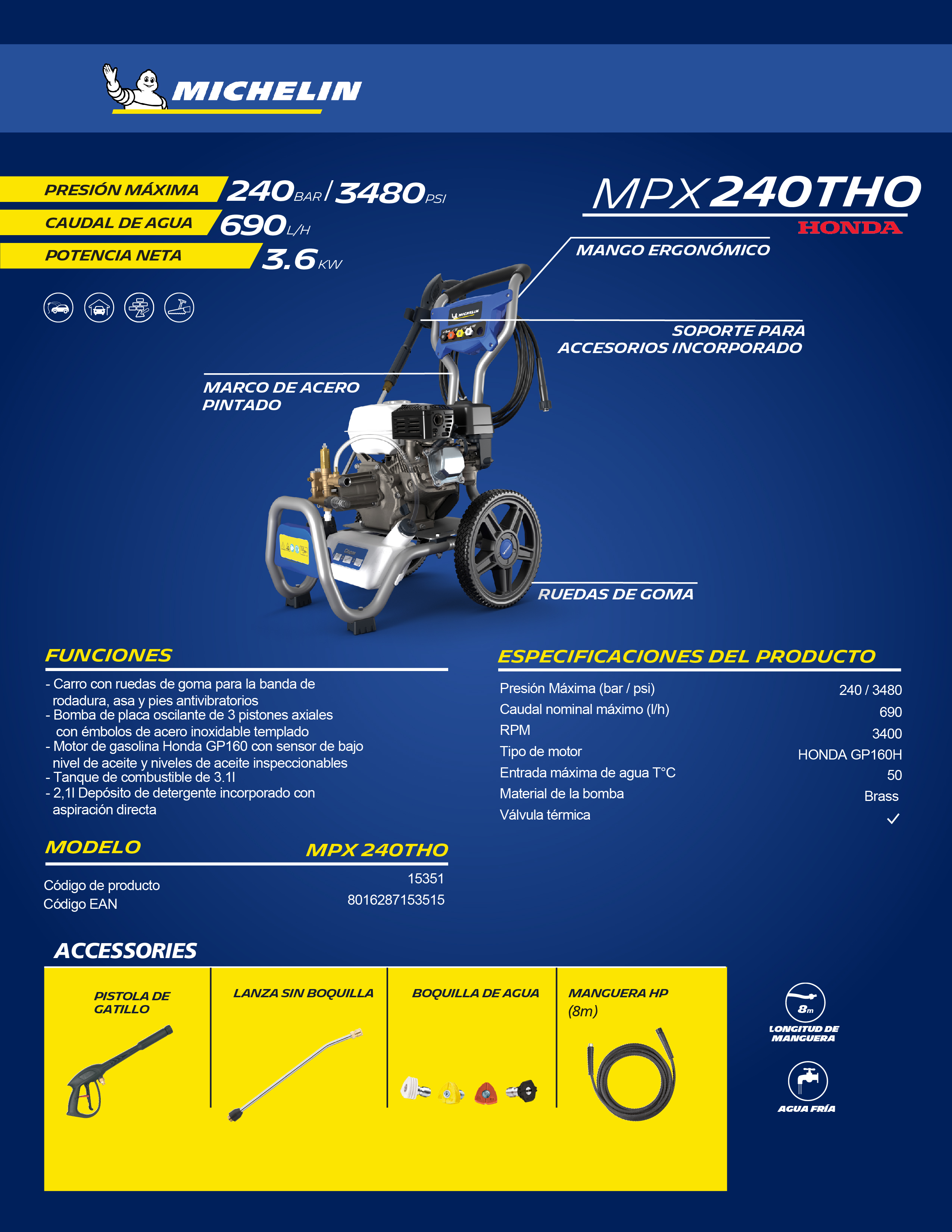 Hidrolavadora Michelin MPX240THO profesional a gasolina 3480psi motor Honda