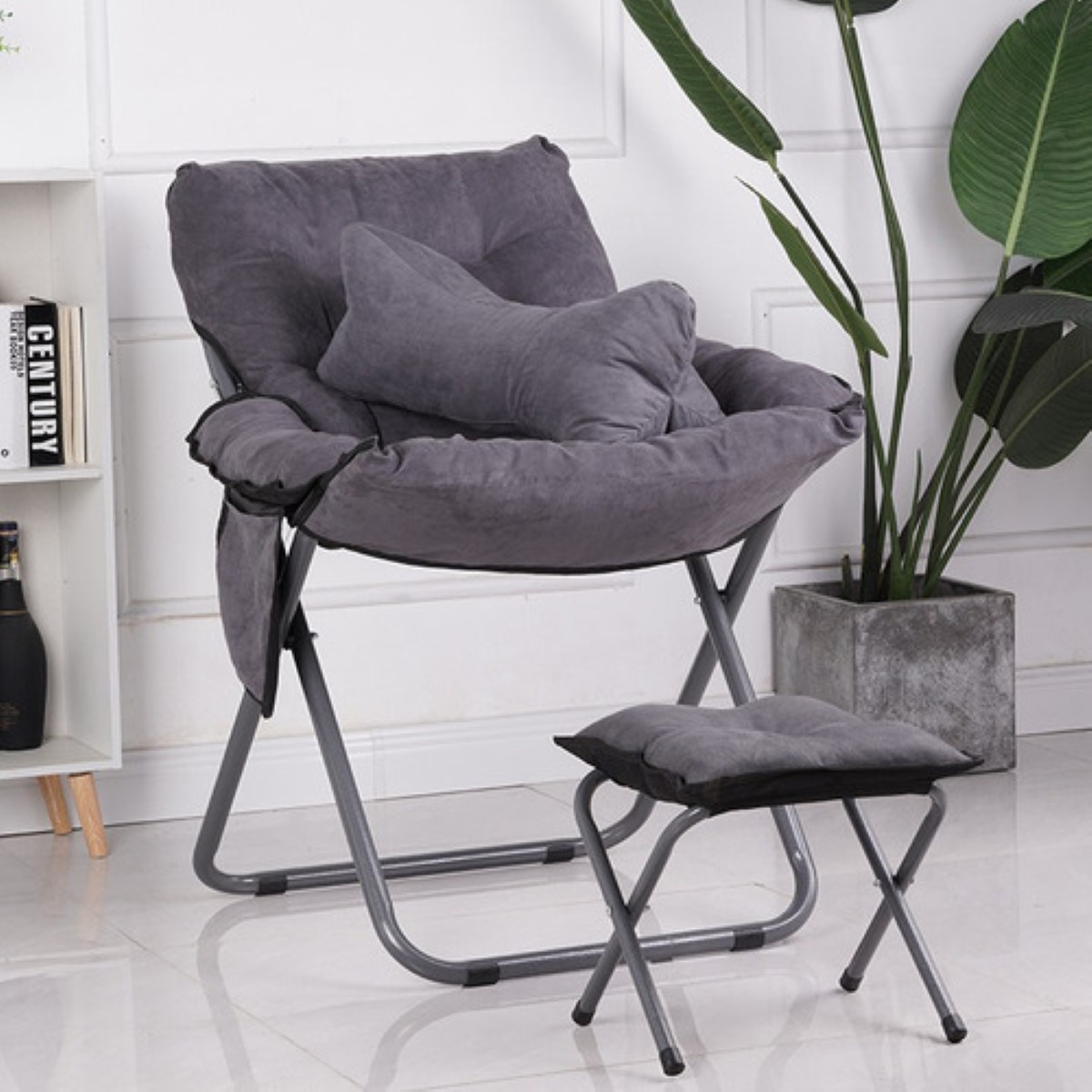 Sillón Plegable Perezoso Ajuste De Tres Velocida+ Taburete gris.