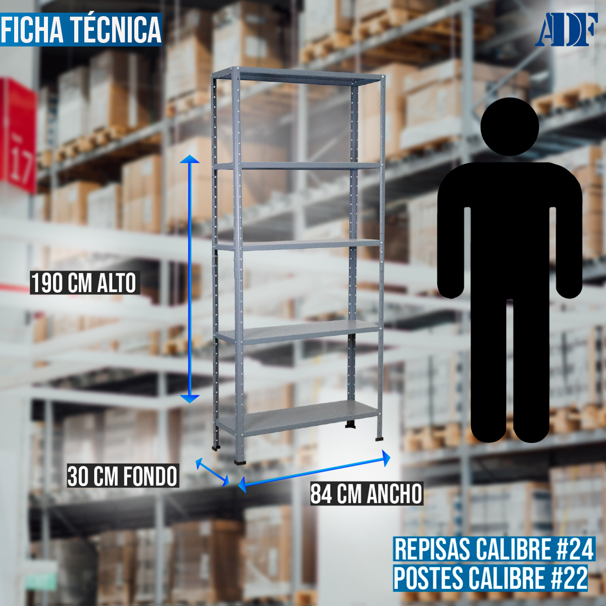 ADF Estante Anaquel Metálico Uso Rudo con 5 Repisas Ajustables 190x84x30cm Organizador Cal. 24 Color Gris, Carga 400Kg.