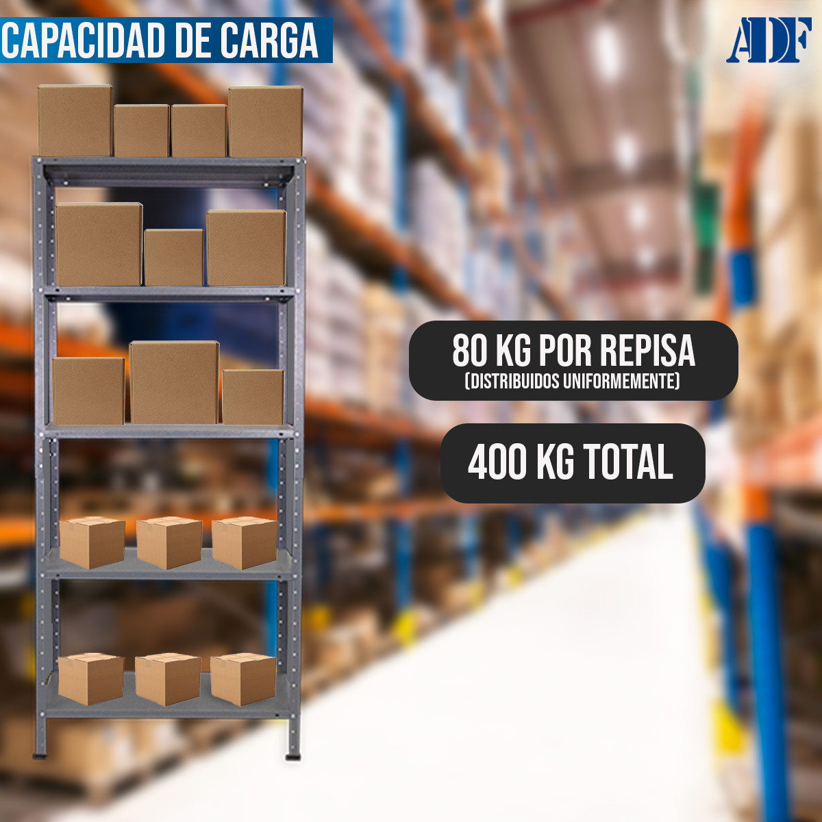 ADF Estante Anaquel Metálico Uso Rudo con 5 Repisas Ajustables 190x84x30cm Organizador Cal. 24 Color Gris, Carga 400Kg.