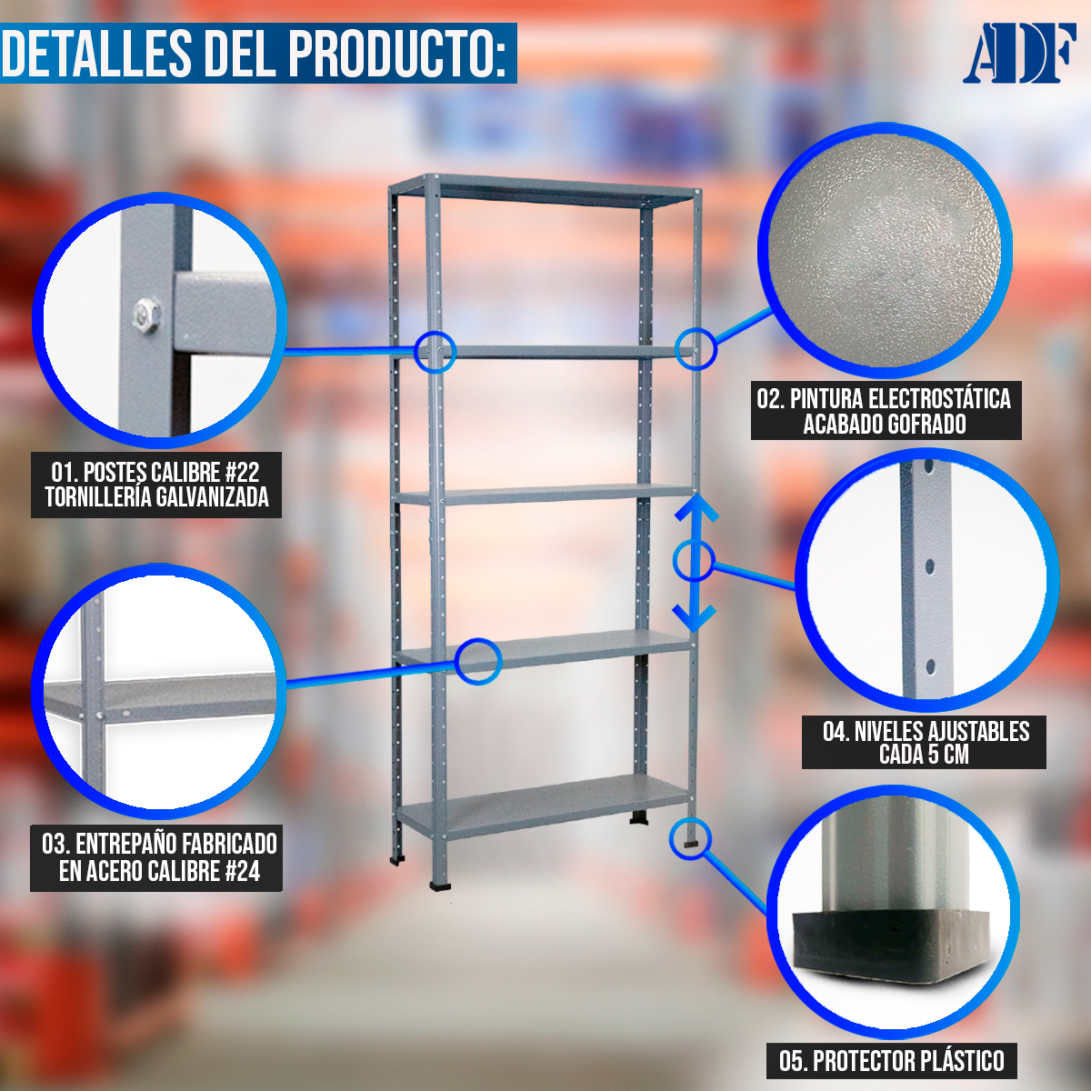 ADF Estante Anaquel Metálico Uso Rudo con 5 Repisas Ajustables 190x84x30cm Organizador Cal. 24 Color Gris, Carga 400Kg.