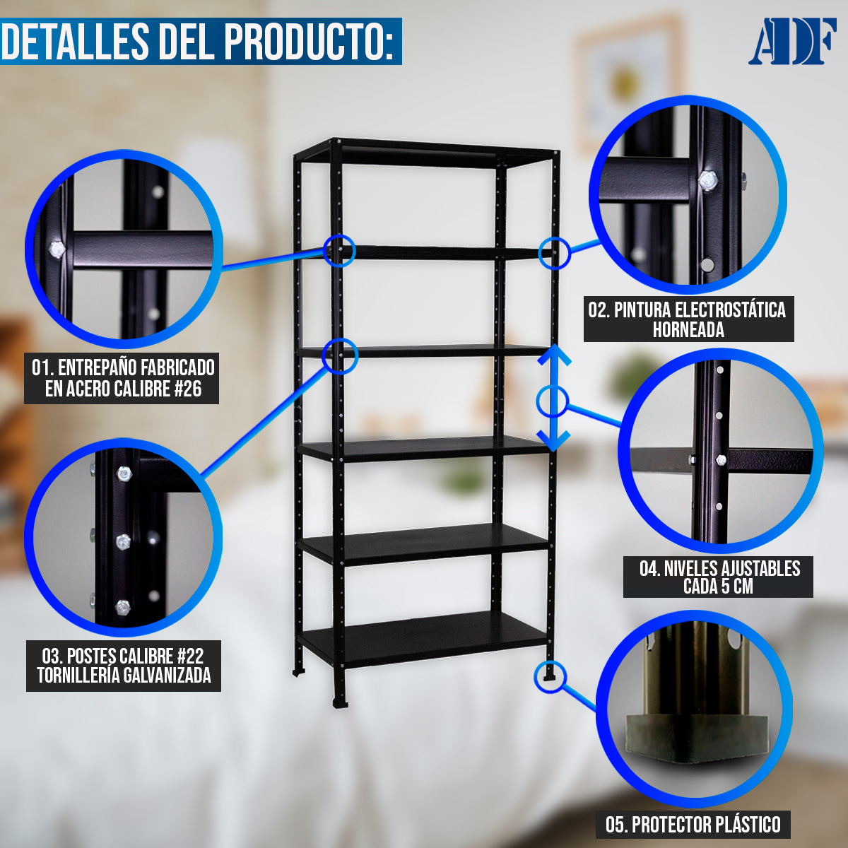 ADF Estante Anaquel Metálico con 6 Repisas Ajustable 190x84x45cm Organizador Color Negro, Carga 360Kg.