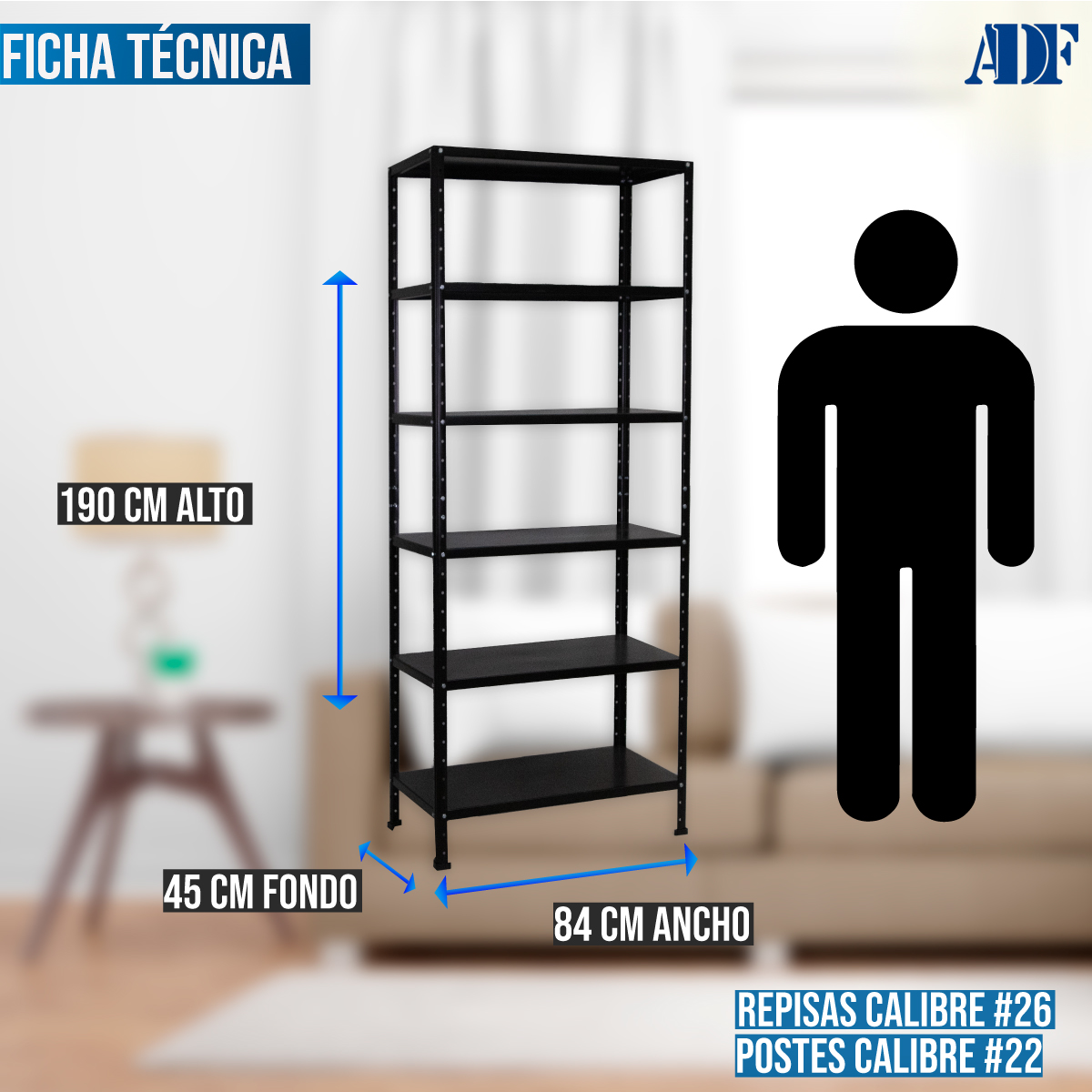 ADF Estante Anaquel Metálico con 6 Repisas Ajustable 190x84x45cm Organizador Color Negro, Carga 360Kg.