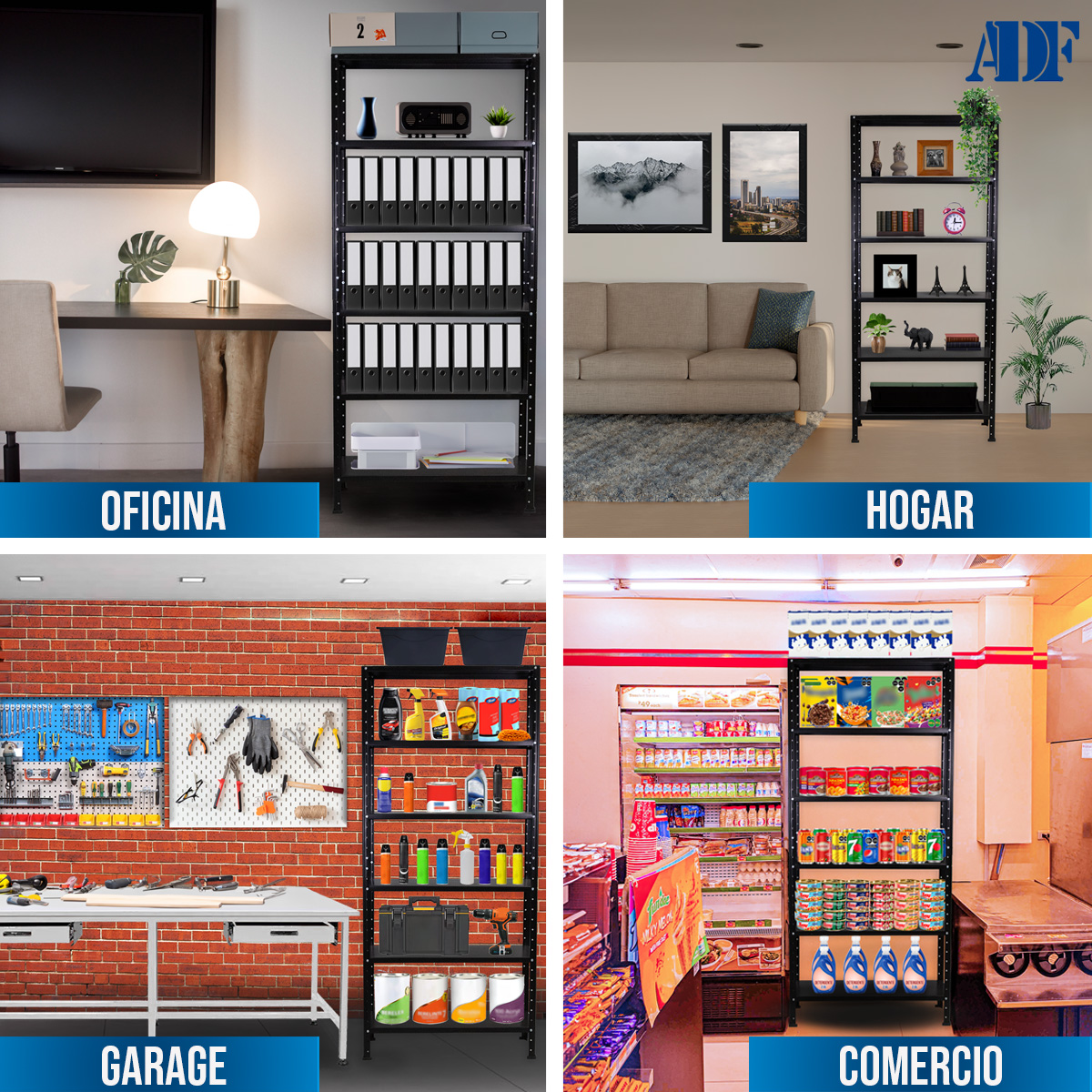 ADF Estante Anaquel Metálico con 6 Repisas Ajustable 190x84x45cm Organizador Color Negro, Carga 360Kg.