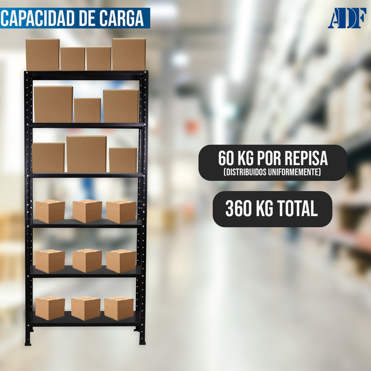 ADF Estante Anaquel Metálico con 6 Repisas Ajustable 190x84x45cm Organizador Color Negro, Carga 360Kg.