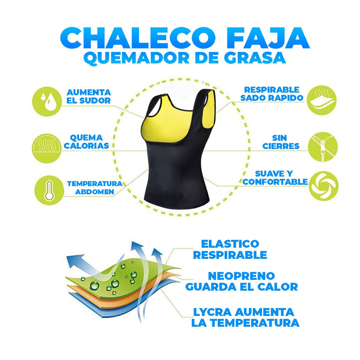 Chaleco Faja Reductora De Neopreno Para Quemar Calorías Negro.