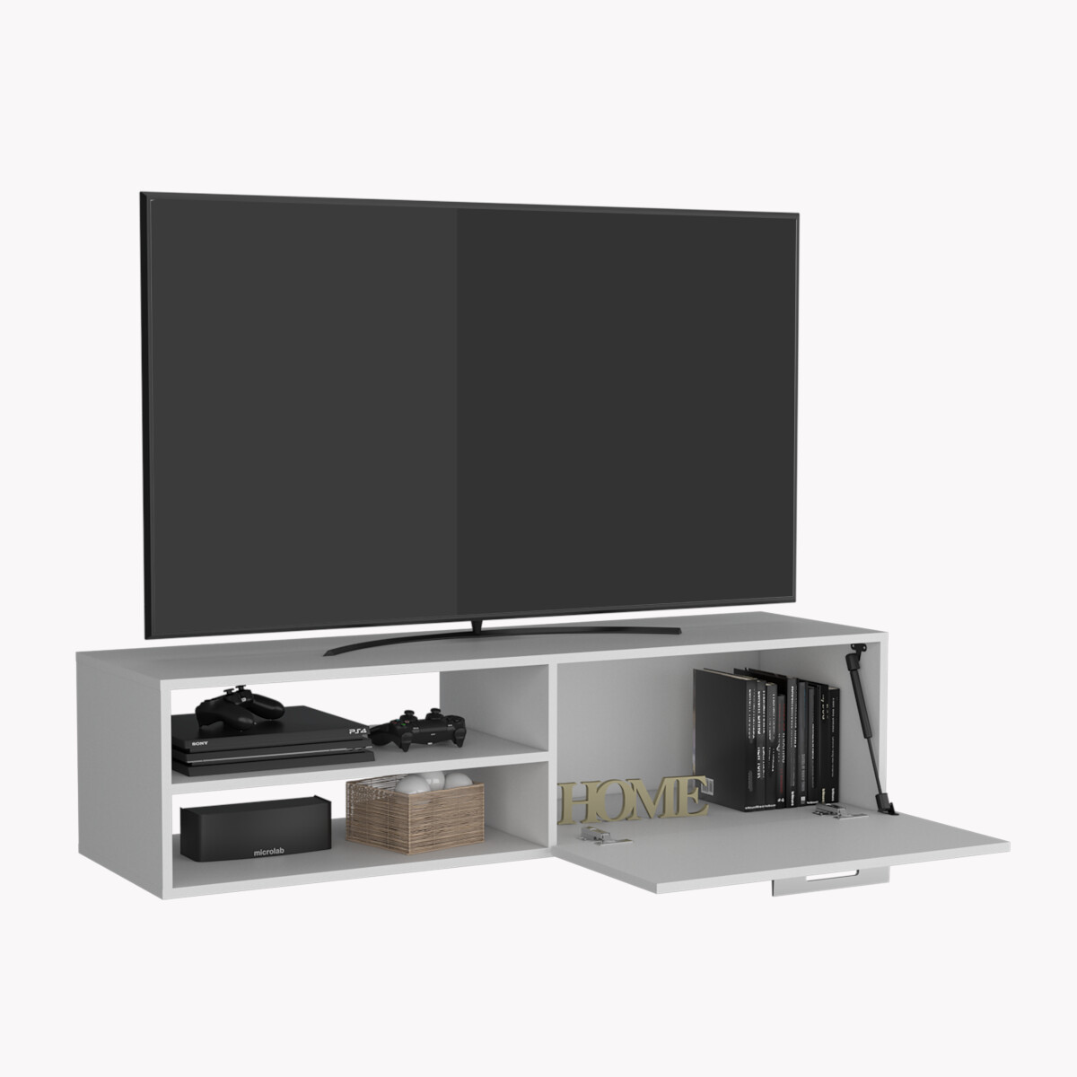 Mueble para TV Armable y de Entretenimiento en Casa en color Blanco con 3 Entrepaños y Puerta para Organización modelo Roatan.