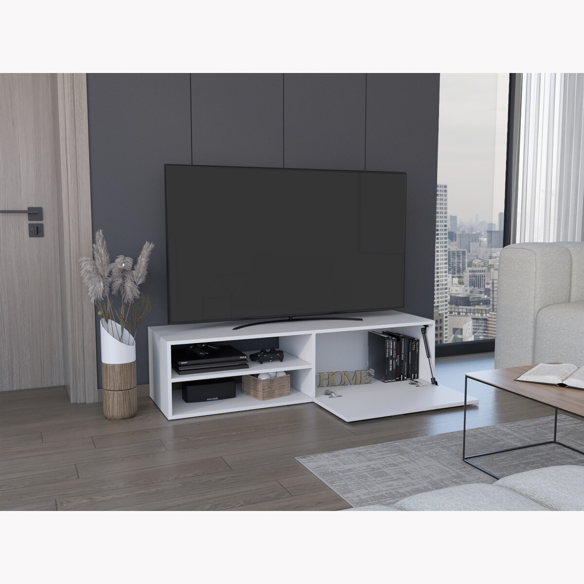 Mueble para TV Armable y de Entretenimiento en Casa en color Blanco con 3 Entrepaños y Puerta para Organización modelo Roatan.