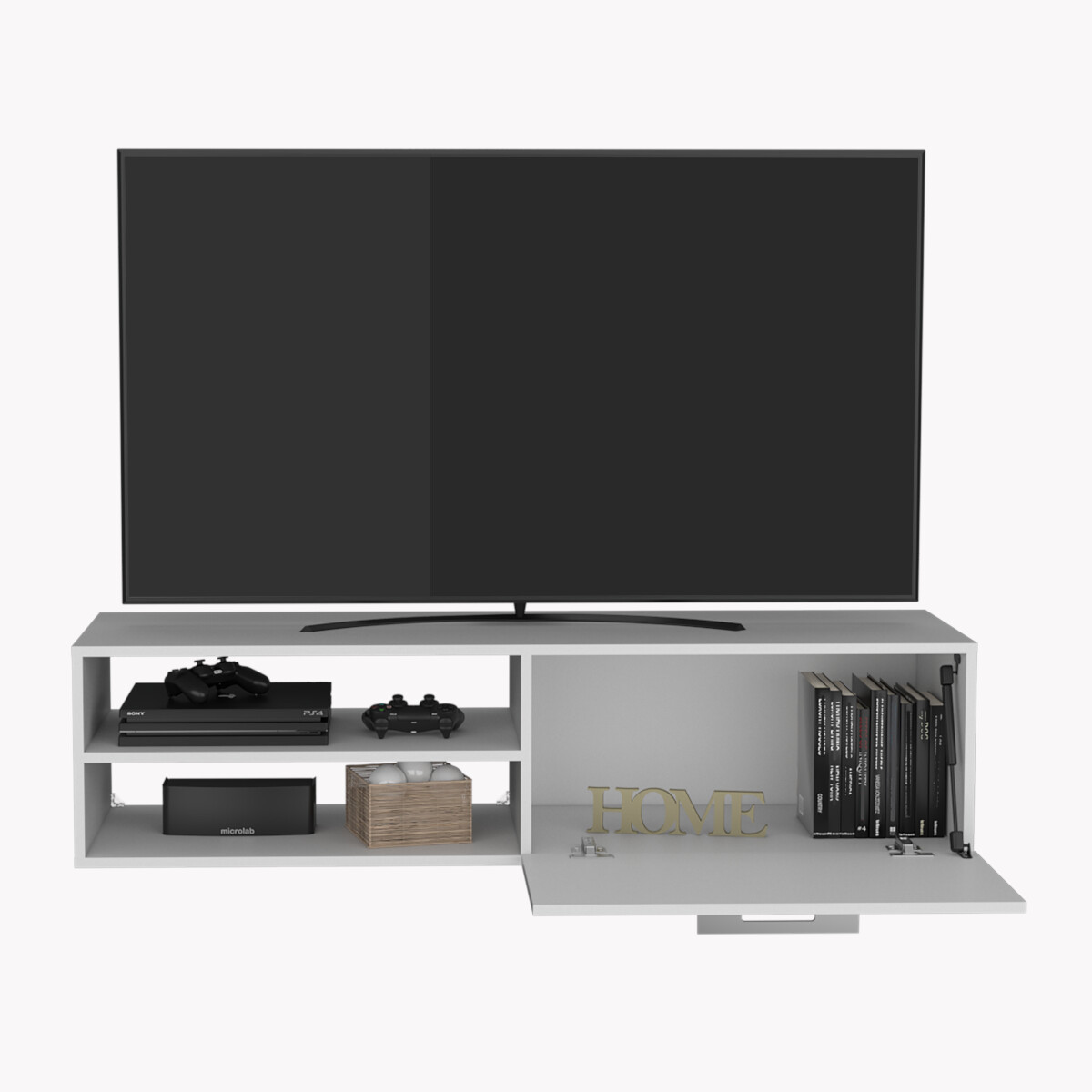 Mueble para TV Armable y de Entretenimiento en Casa en color Blanco con 3 Entrepaños y Puerta para Organización modelo Roatan.