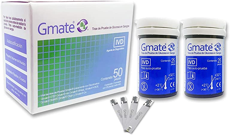 Tiras Reactivas C/50 Piezas (Glucómetros compatibles GMATE STEP, GMATE mini, GMATE Wheel, GMATE Voice, GMATE Smart (para iPhone), GMATE On (para Android), GMATE Origin) - 2 empaques de 25 Tiras cada uno en la caja.