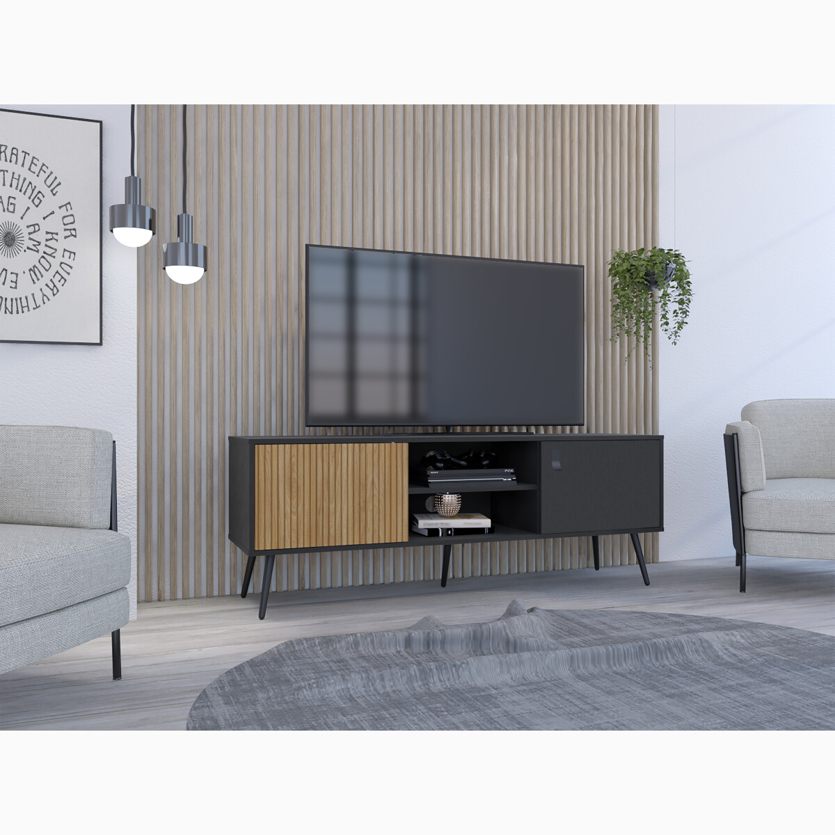 MUEBLE DE TV TIPO RACK ARMABLE PARA PANTALLA DE 65" CON ENTREPAÑOS Y PUERTAS MODELO FUNES COLOR CAFE.