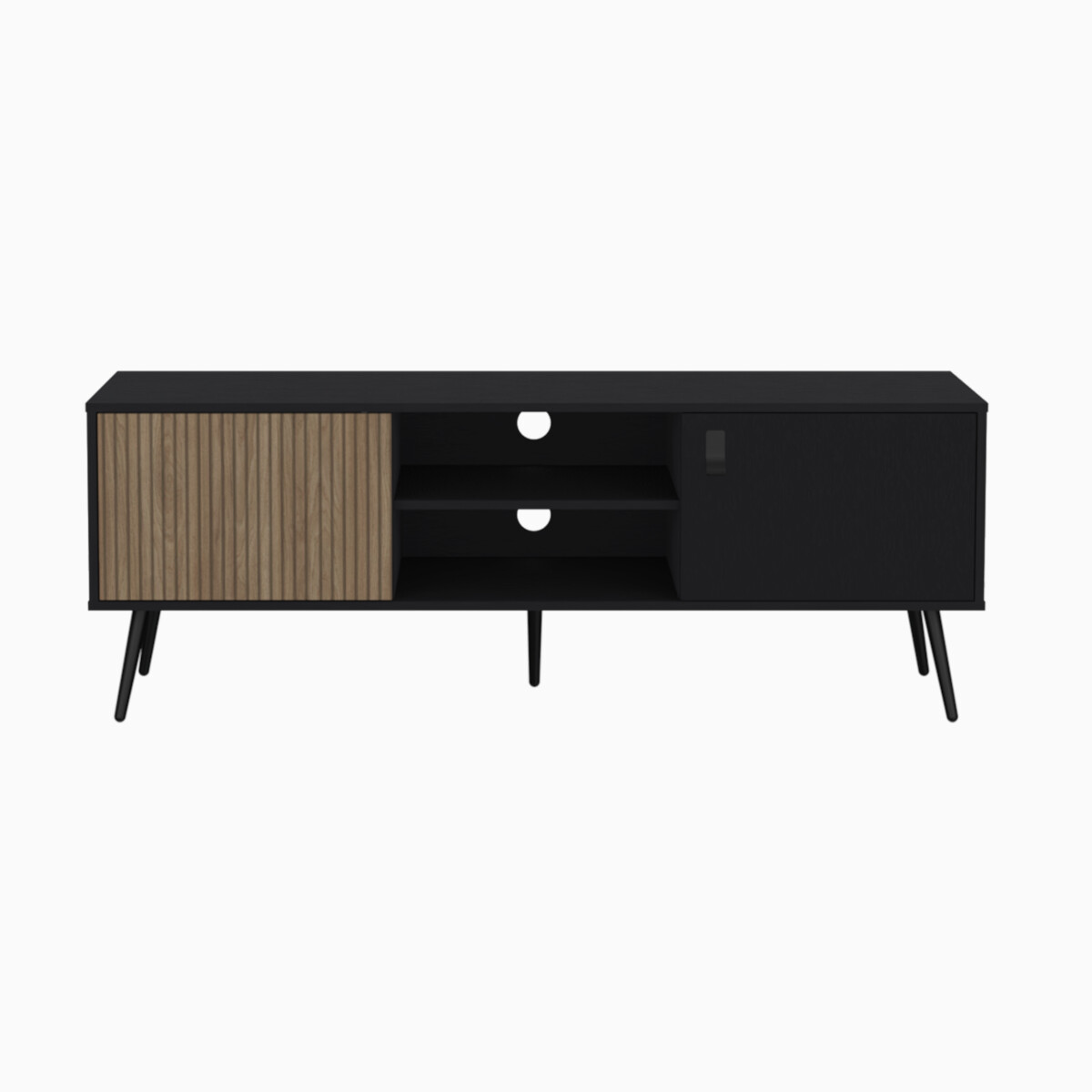 MUEBLE DE TV TIPO RACK ARMABLE PARA PANTALLA DE 65" CON ENTREPAÑOS Y PUERTAS MODELO FUNES COLOR CAFE.