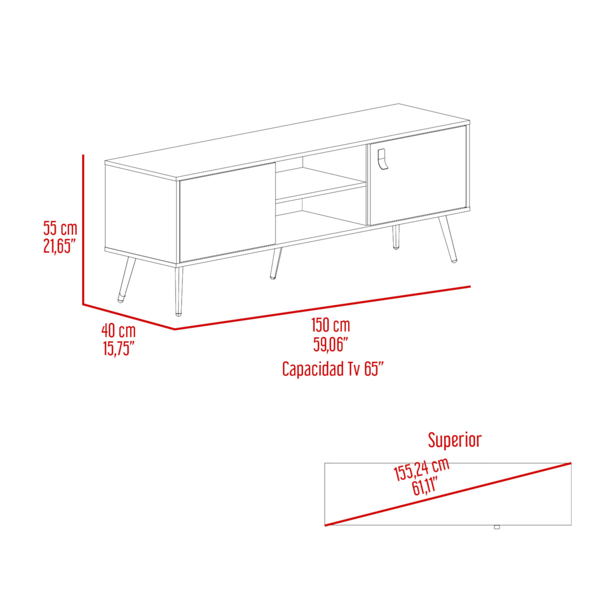MUEBLE DE TV TIPO RACK ARMABLE PARA PANTALLA DE 65" CON ENTREPAÑOS Y PUERTAS MODELO FUNES COLOR CAFE.