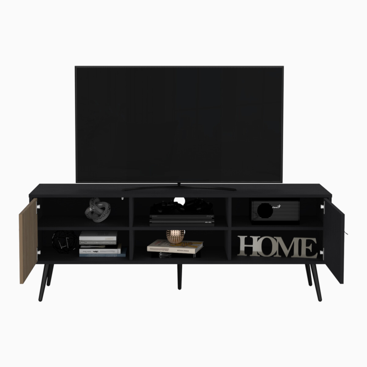 MUEBLE DE TV TIPO RACK ARMABLE PARA PANTALLA DE 65" CON ENTREPAÑOS Y PUERTAS MODELO FUNES COLOR CAFE.