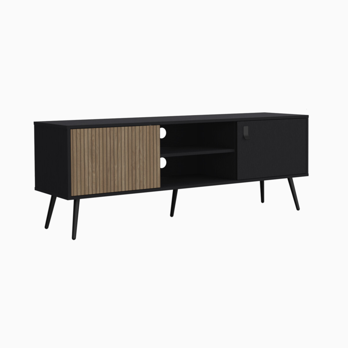 MUEBLE DE TV TIPO RACK ARMABLE PARA PANTALLA DE 65" CON ENTREPAÑOS Y PUERTAS MODELO FUNES COLOR CAFE.