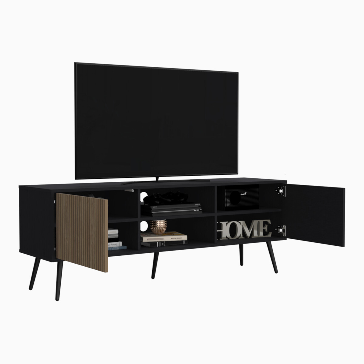 MUEBLE DE TV TIPO RACK ARMABLE PARA PANTALLA DE 65" CON ENTREPAÑOS Y PUERTAS MODELO FUNES COLOR CAFE.