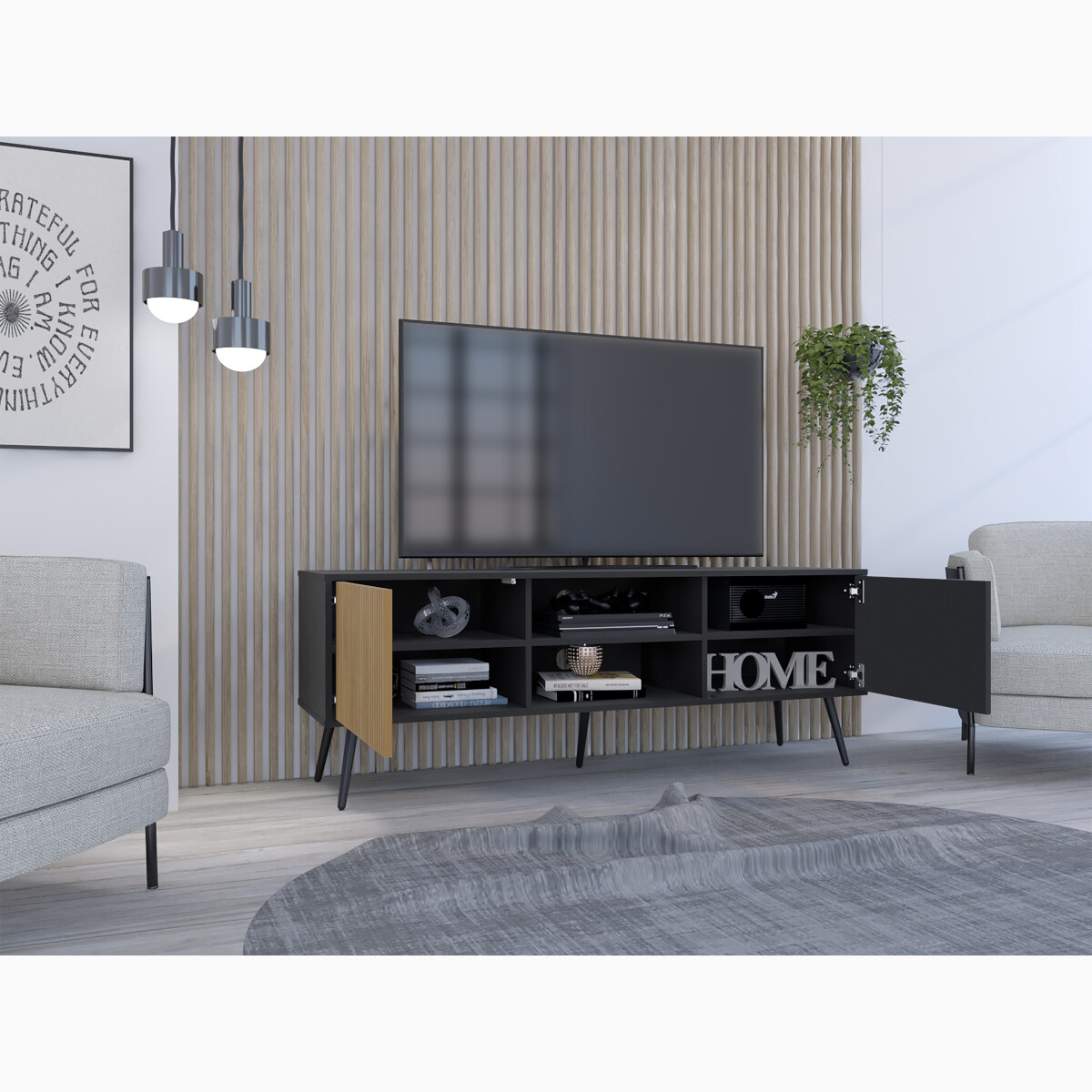 MUEBLE DE TV TIPO RACK ARMABLE PARA PANTALLA DE 65" CON ENTREPAÑOS Y PUERTAS MODELO FUNES COLOR CAFE.