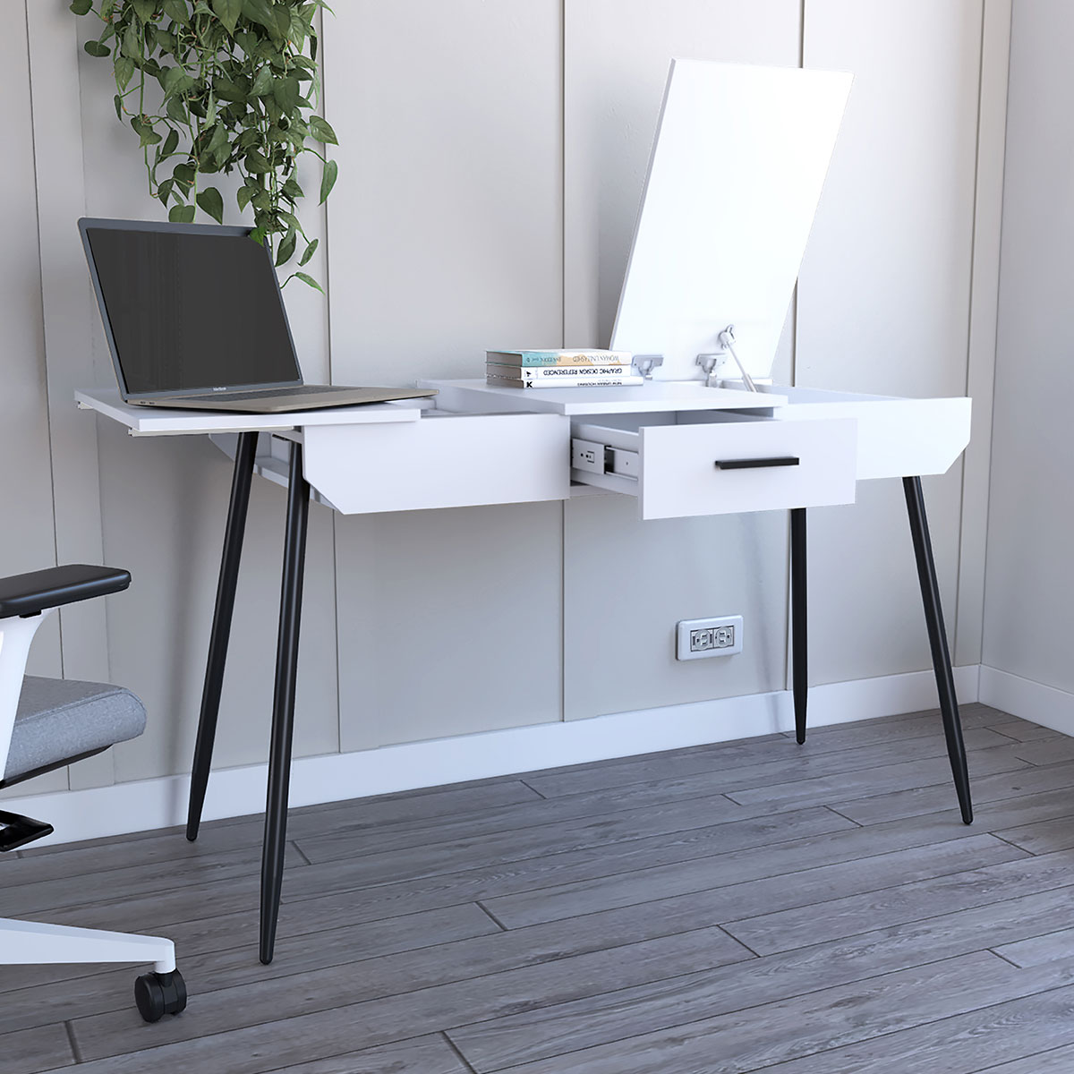 ESCRITORIO ARMABLE IDEAL PARA EL HOME OFFICE CON CAJON Y COMPARTIMENTOS INTERNOS MODELO RIZZO COLOR BLANCO.
