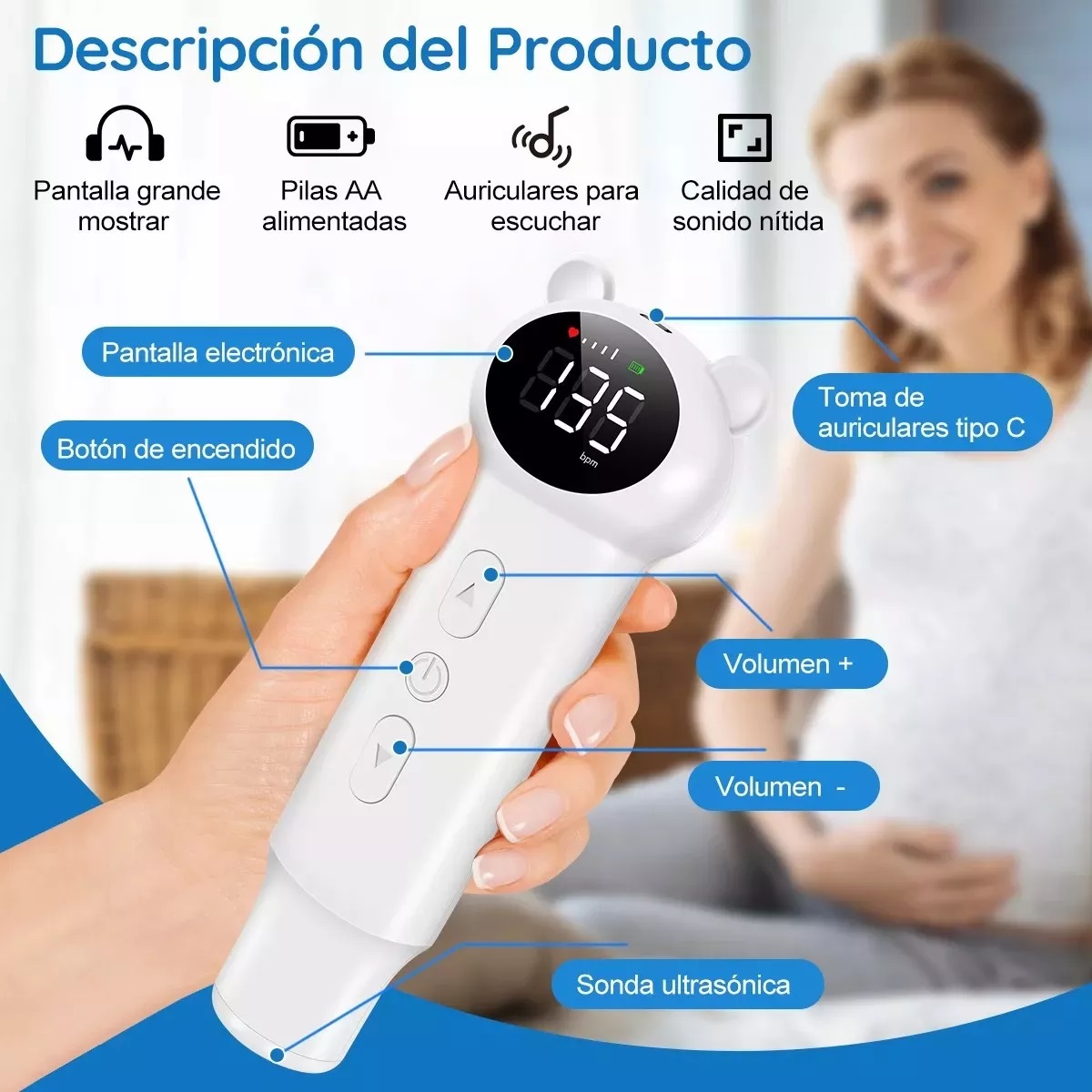 Baby Detector De Frecuencia Cardíaca Fetal Portátil Doppler Blanco.