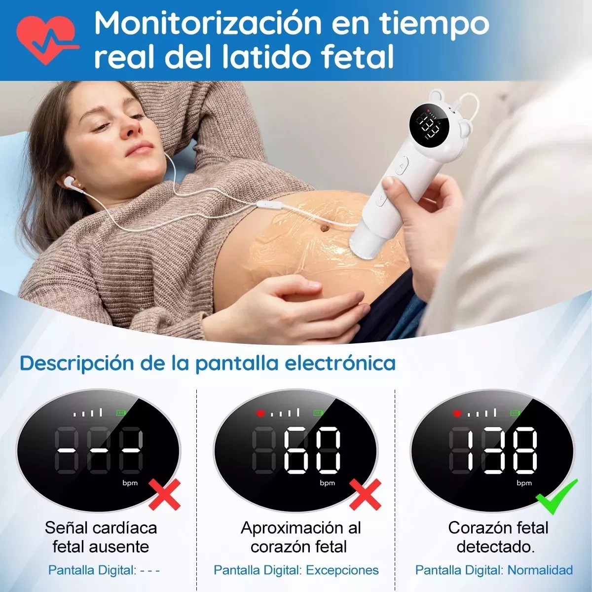 Baby Detector De Frecuencia Cardíaca Fetal Portátil Doppler Blanco.