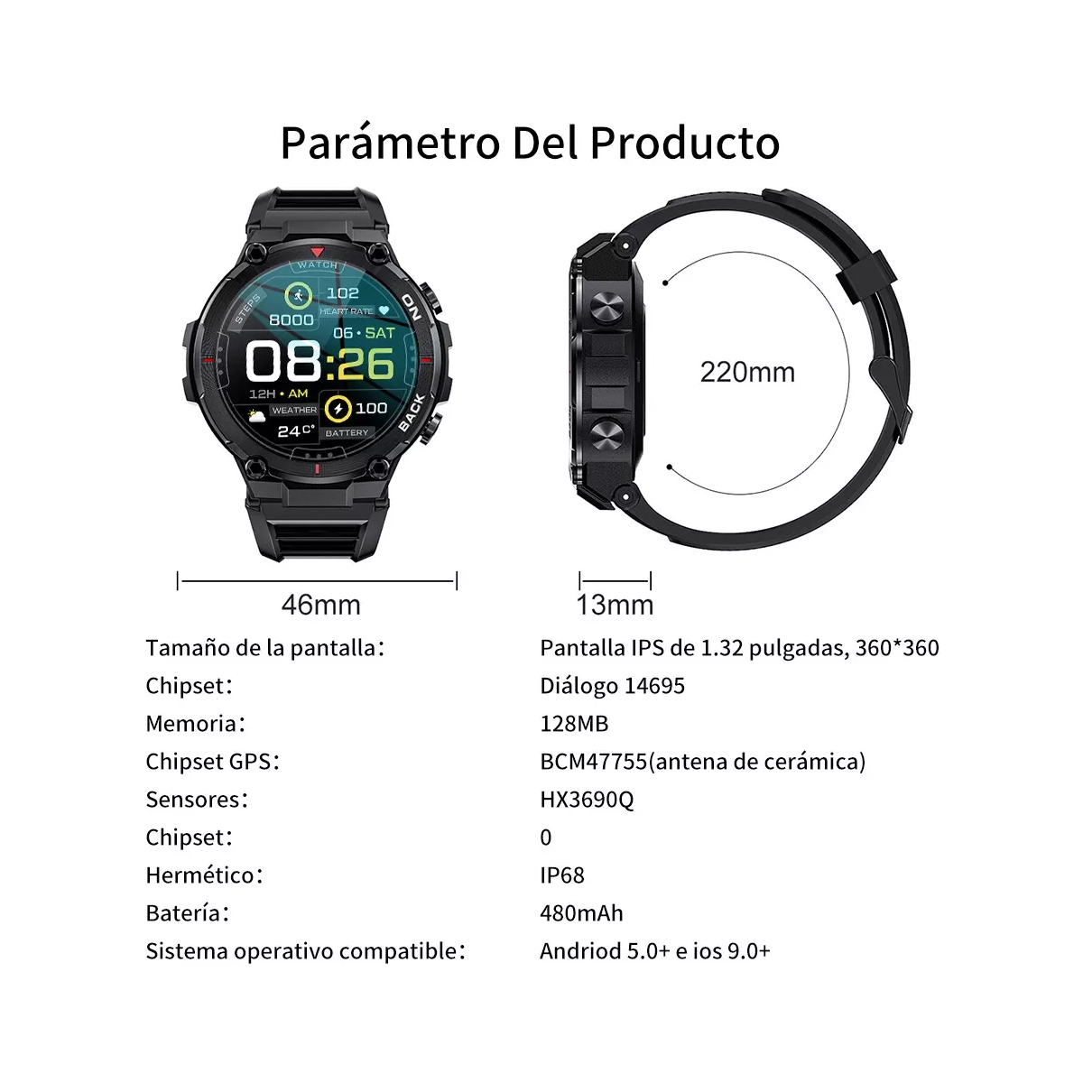  Reloj Inteligente Para Hombres Reloj Deportivo Gps Negro.