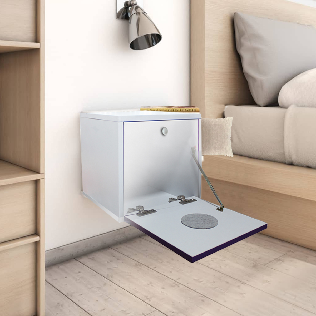 Buro Flotante Recamara Mdf Incluye Luz Led Recamara Ensamblad Vinil Cafe.