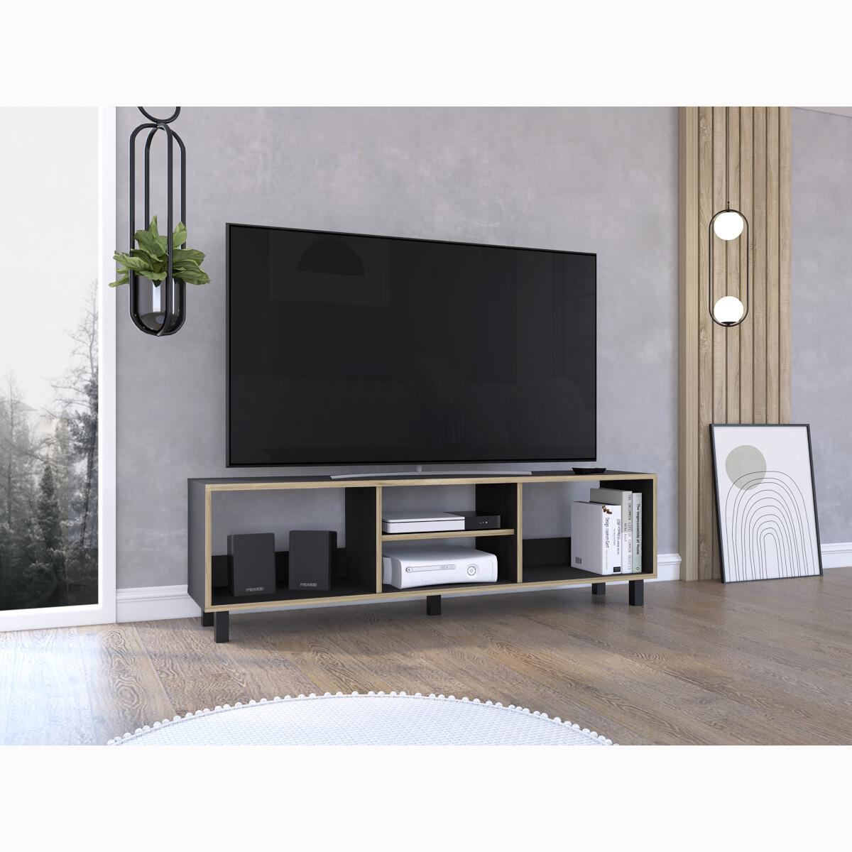 MUEBLE DE TV ARMABLE TIPO RACK PARA PANTALLA DE 60" CON ENTREPAÑOS PARA BOCINAS O CONSOLAS DE VIDEOJUEGO MODELO TUNEZ.