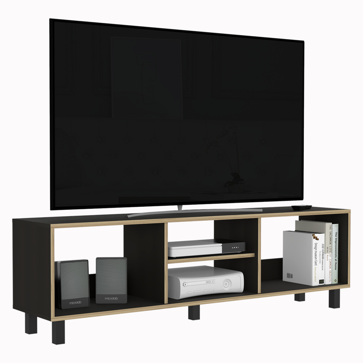 MUEBLE DE TV ARMABLE TIPO RACK PARA PANTALLA DE 60" CON ENTREPAÑOS PARA BOCINAS O CONSOLAS DE VIDEOJUEGO MODELO TUNEZ.