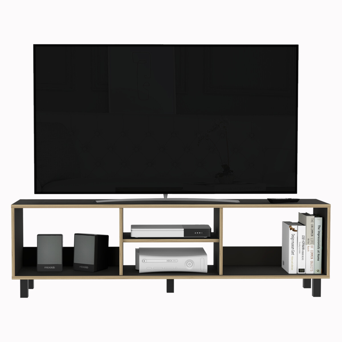 MUEBLE DE TV ARMABLE TIPO RACK PARA PANTALLA DE 60" CON ENTREPAÑOS PARA BOCINAS O CONSOLAS DE VIDEOJUEGO MODELO TUNEZ.