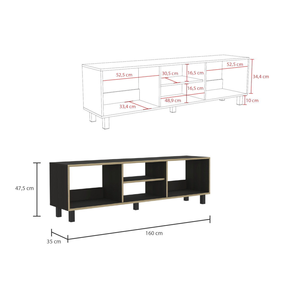 MUEBLE DE TV ARMABLE TIPO RACK PARA PANTALLA DE 60" CON ENTREPAÑOS PARA BOCINAS O CONSOLAS DE VIDEOJUEGO MODELO TUNEZ.