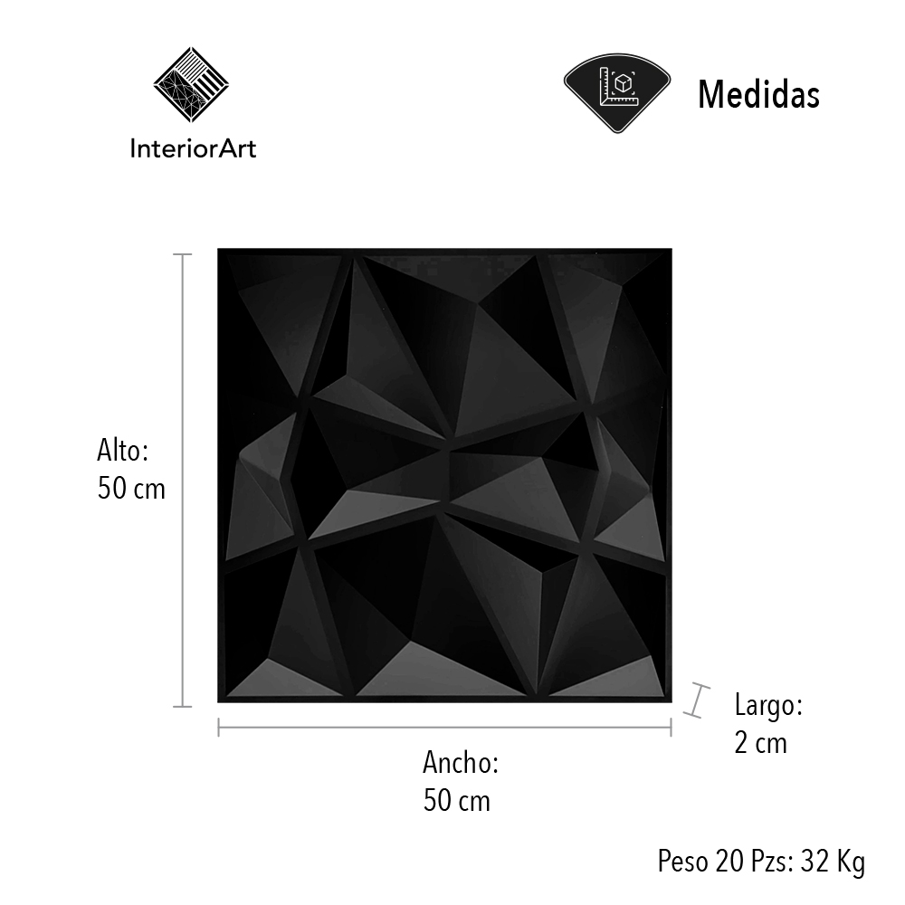 Panel Decorativo 3D Impermeable Interiorart 5m² Diseño Diamante Color Negro.