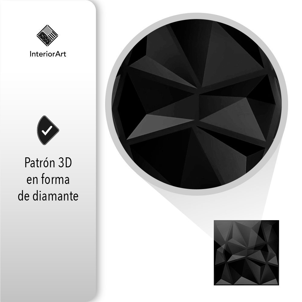 Panel Decorativo 3D Impermeable Interiorart 5m² Diseño Diamante Color Negro.