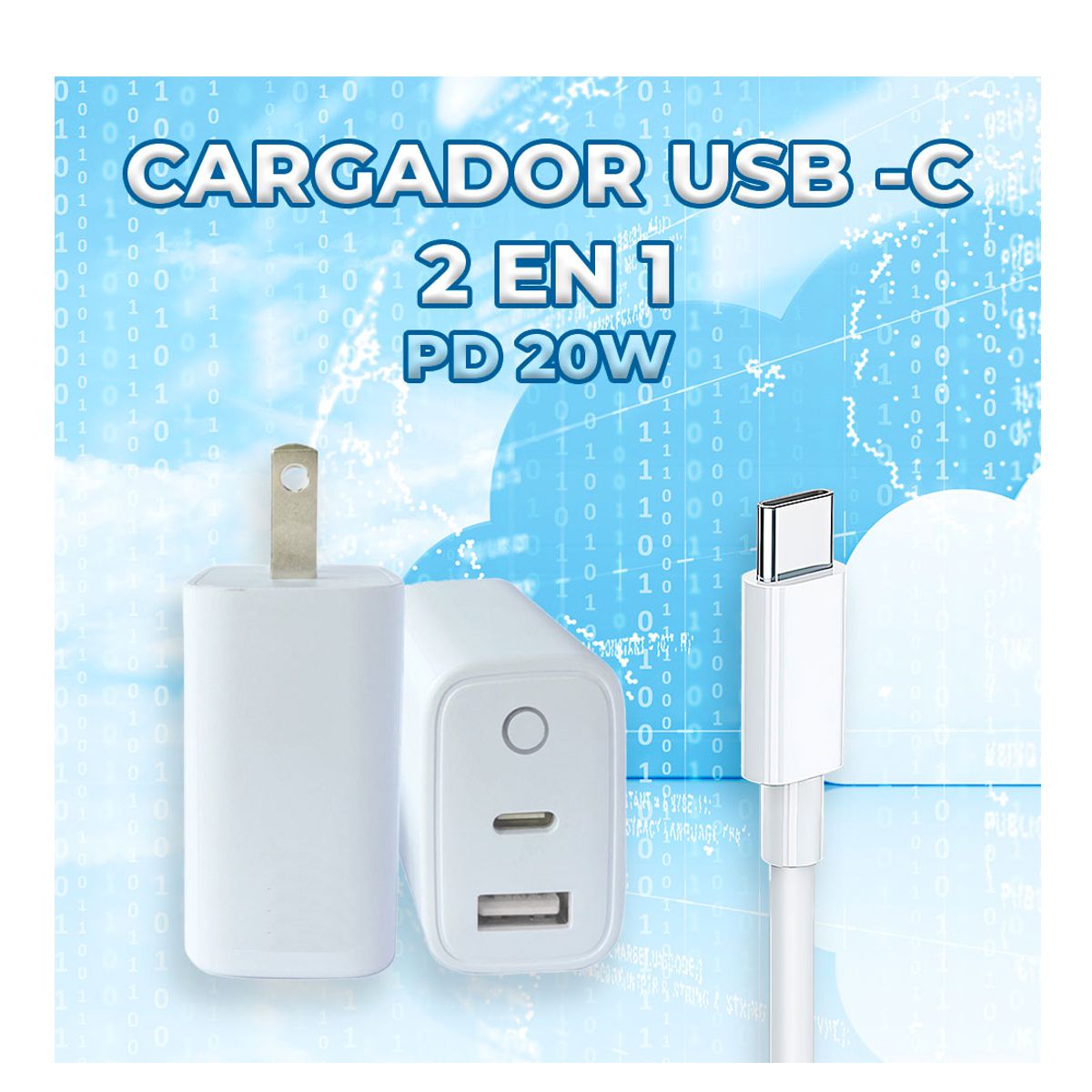 Combo Cargador Usb 2 En 1 Tipo C 20w Tipo A Carga Rápida Cable 1mt.