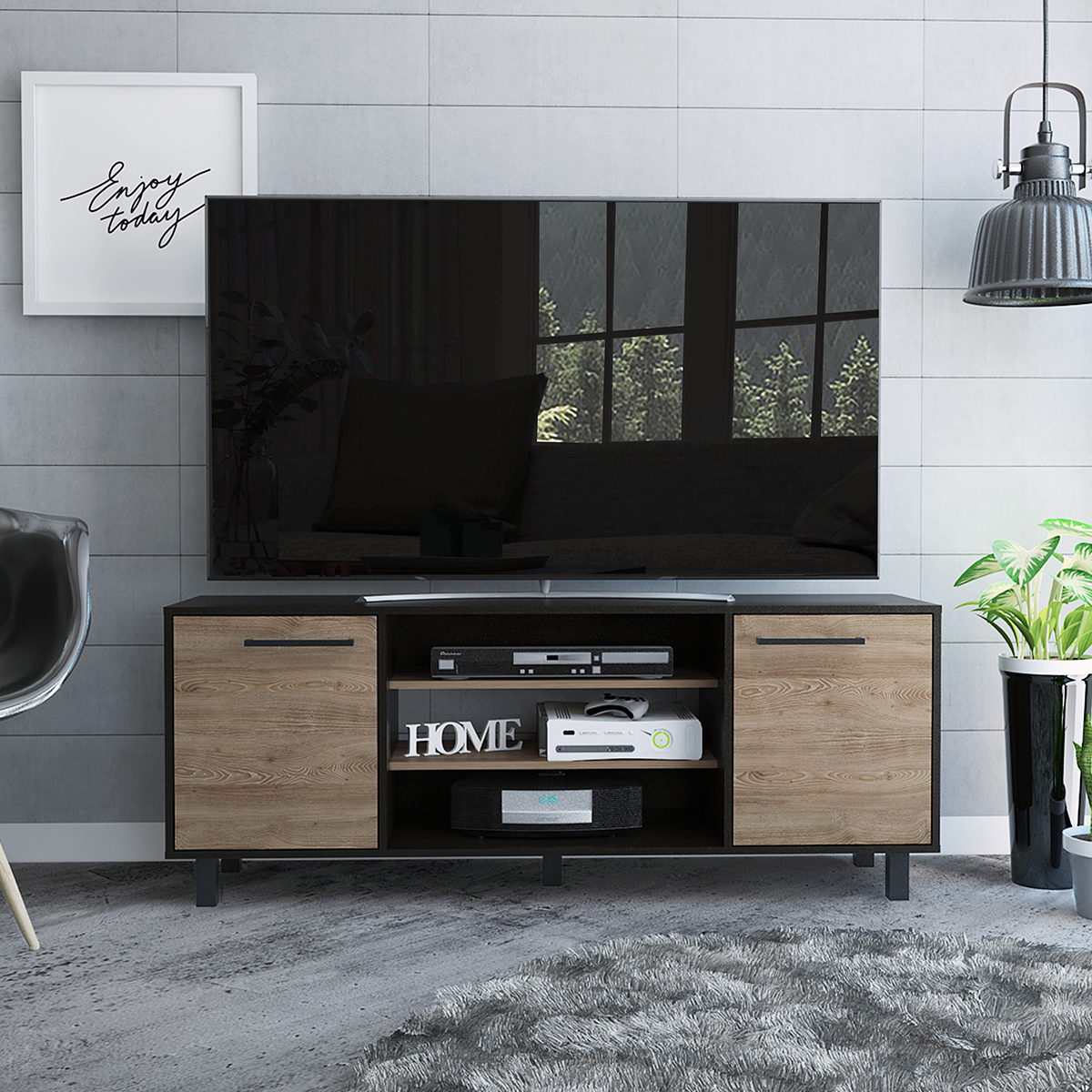 MUEBLE DE TV ARMABLE TIPO RACK MODELO KAIA IDEAL PARA LA SALA O EL ESTUDIO SOPORTA UNA PANTALLA DE 65 ".