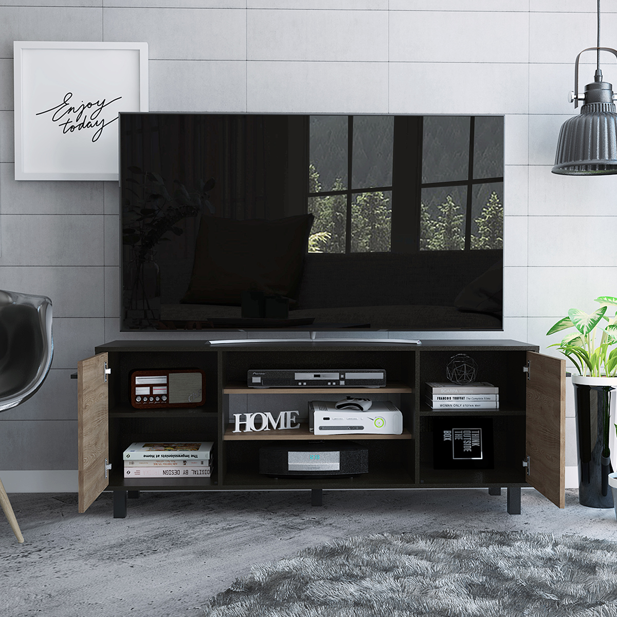 MUEBLE DE TV ARMABLE TIPO RACK MODELO KAIA IDEAL PARA LA SALA O EL ESTUDIO SOPORTA UNA PANTALLA DE 65 ".