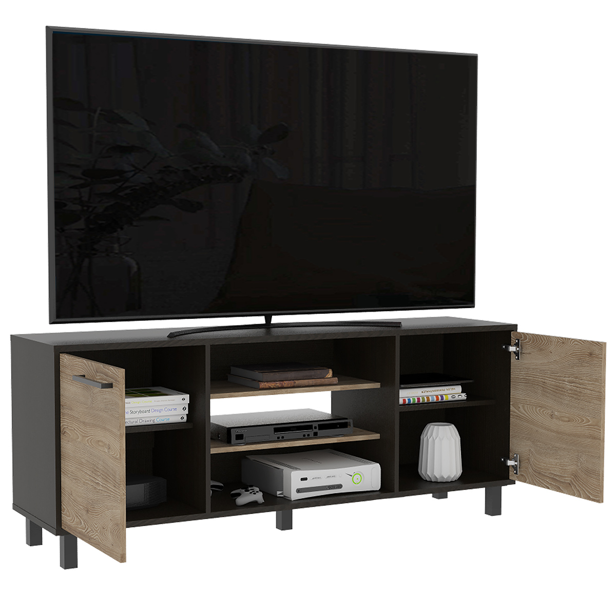 MUEBLE DE TV ARMABLE TIPO RACK MODELO KAIA IDEAL PARA LA SALA O EL ESTUDIO SOPORTA UNA PANTALLA DE 65 ".