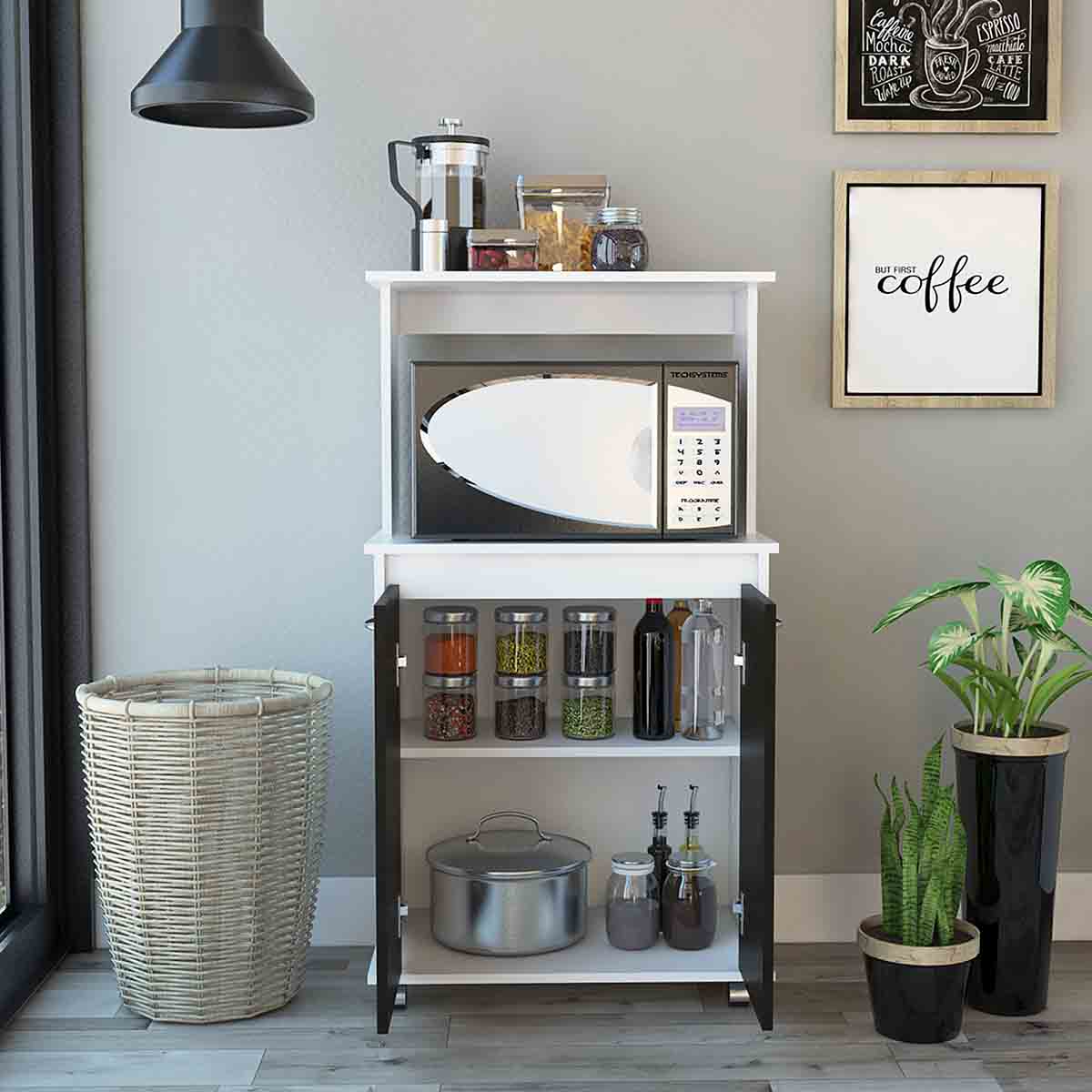 MODULO ARMABLE PARA COCINA CON TRES ESTANTES DOS PUERTAS Y ESPACIO PARA HORNO DE MICROONDAS MODELO ITALIA COLOR CAFE .