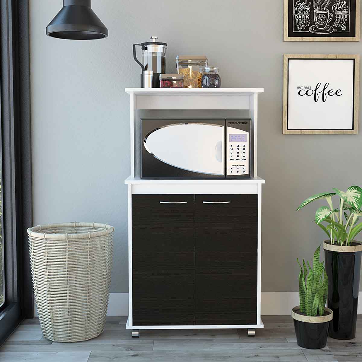 MODULO ARMABLE PARA COCINA CON TRES ESTANTES DOS PUERTAS Y ESPACIO PARA HORNO DE MICROONDAS MODELO ITALIA COLOR CAFE .