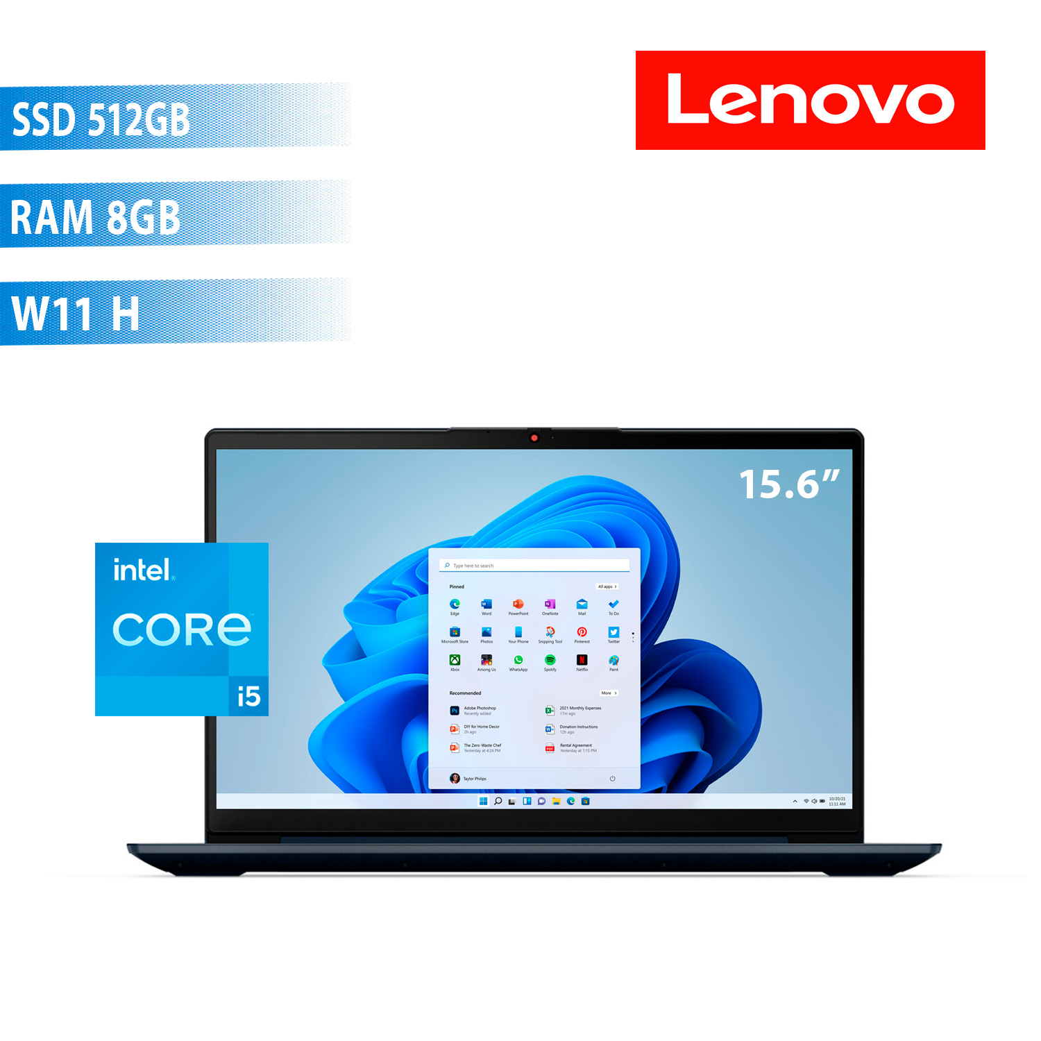 Laptop Lenovo IdeaPad 3 15.6" Core i5-1155G7 8GB 512GB W11H Inglés Azul