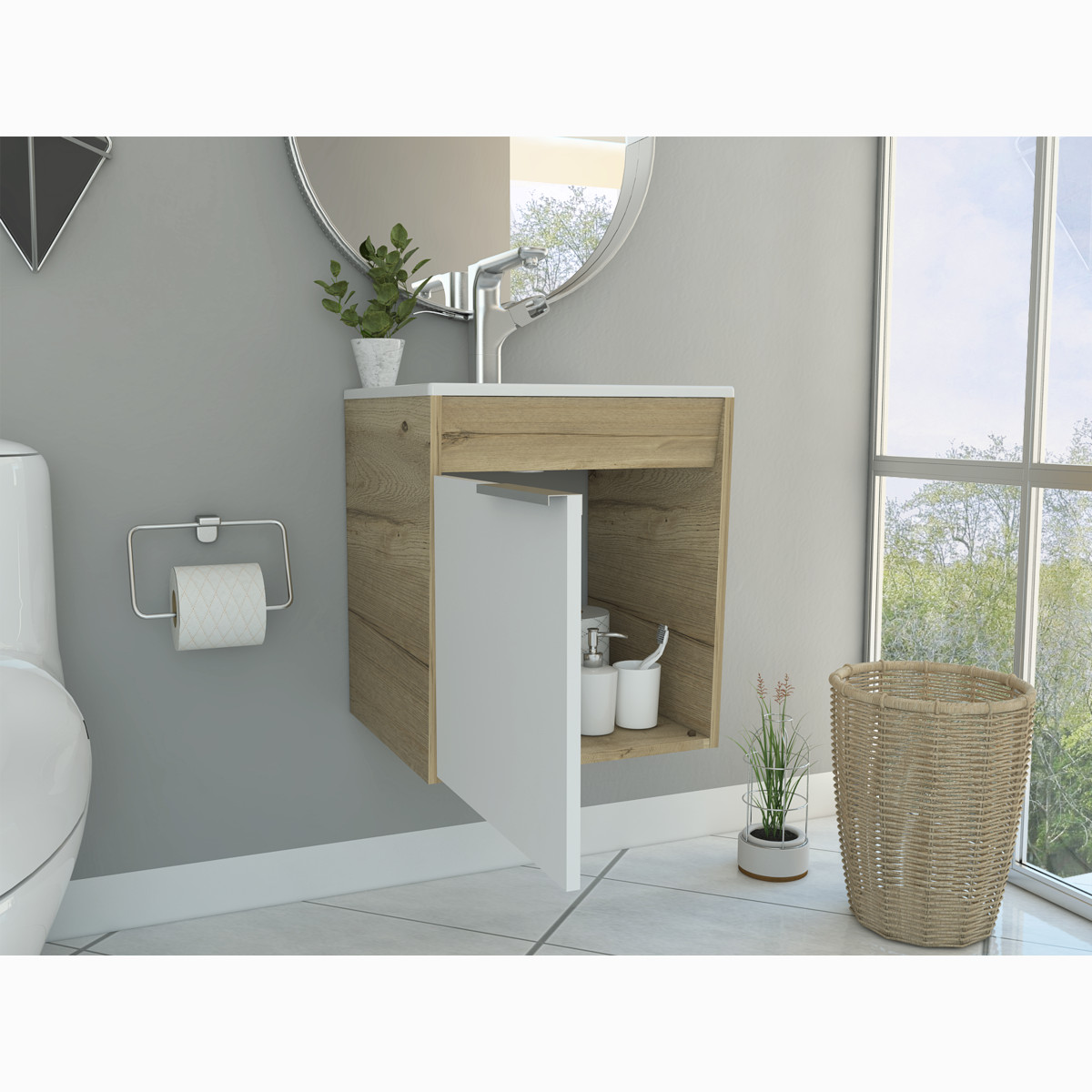 MUEBLE PARA LAVABO ARMABLE MODELO CARTER FLOTANTE CON OVALIN Y PUERTA.