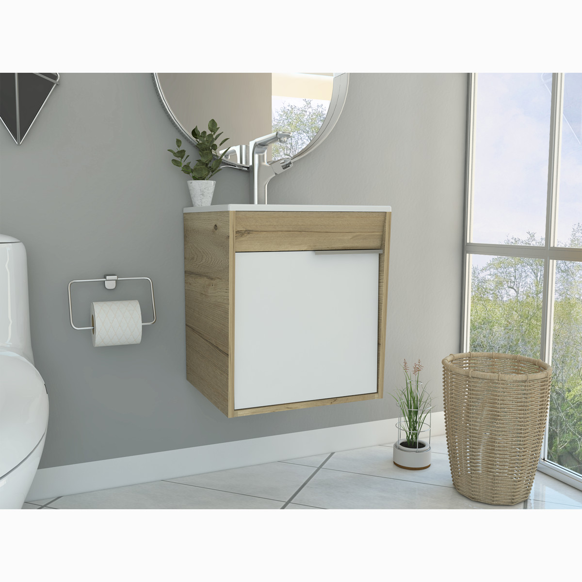MUEBLE PARA LAVABO ARMABLE MODELO CARTER FLOTANTE CON OVALIN Y PUERTA.