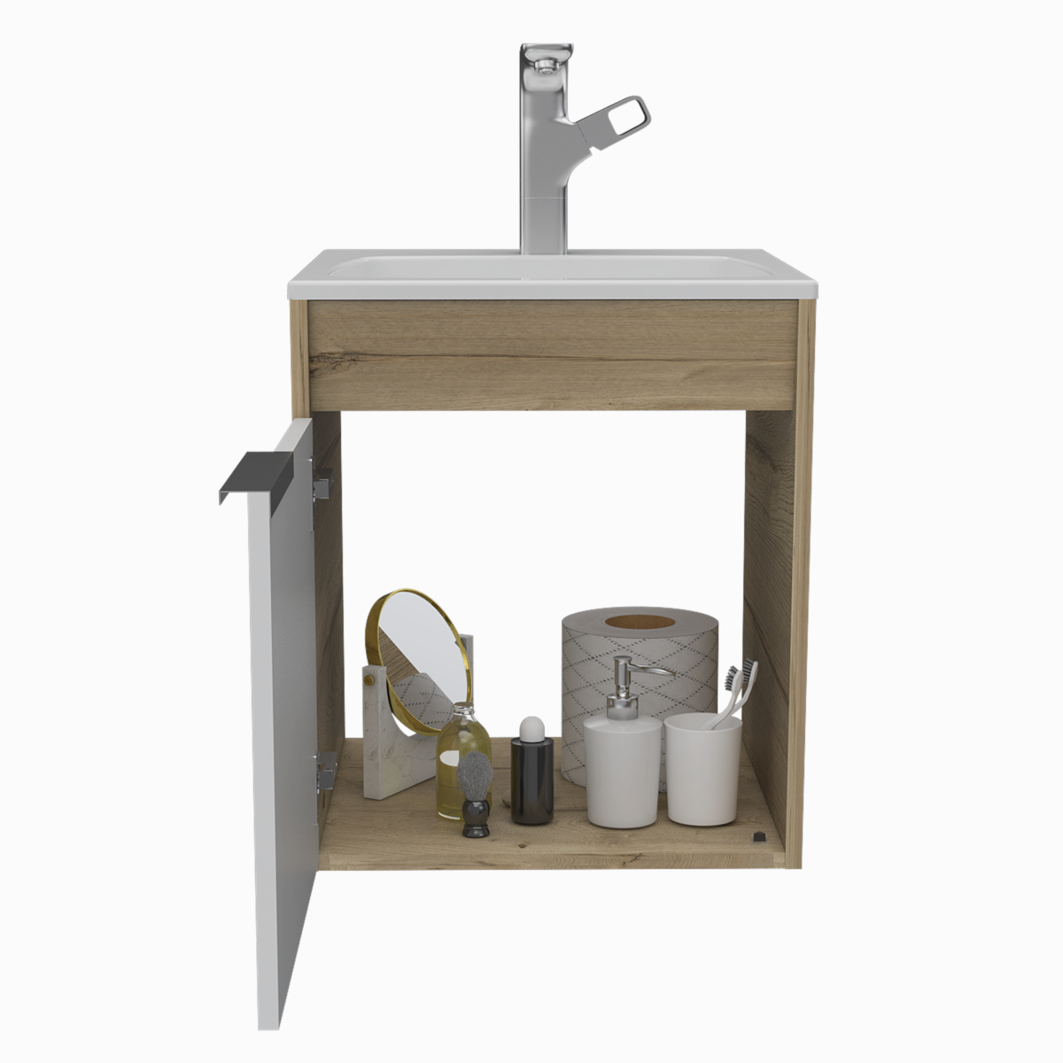 MUEBLE PARA LAVABO ARMABLE MODELO CARTER FLOTANTE CON OVALIN Y PUERTA.