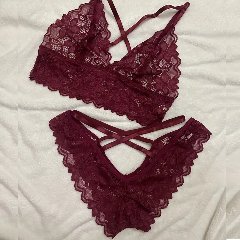 Conjunto lenceria de encaje floral Vino